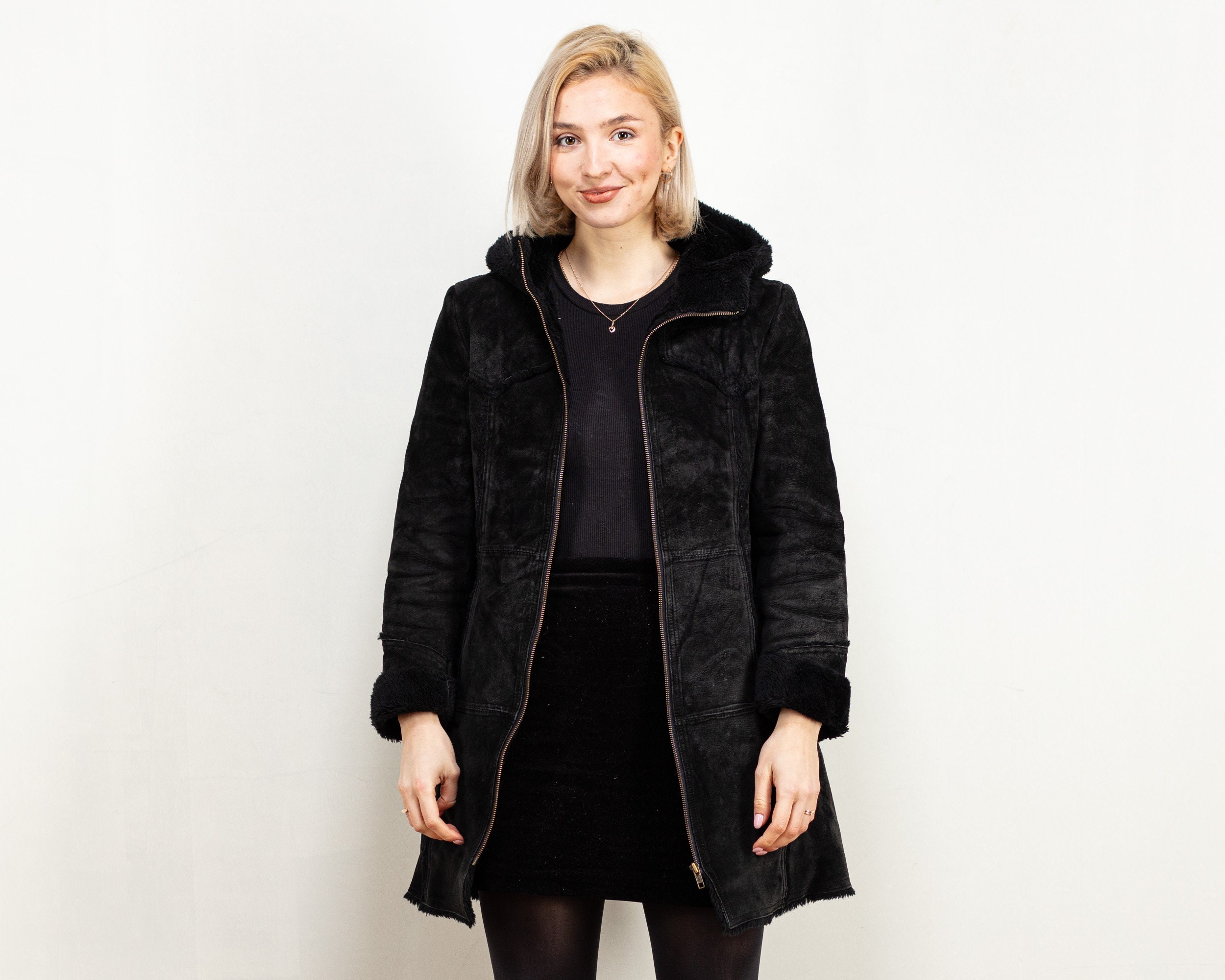 Echter Wildleder Mantel schwarz vintage 00er Jahre H&m Kapuze