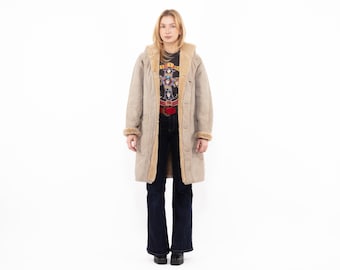 Vintage Women’s Sheepskin Coat Beige Real Shearling Hooded Long Winter Coat 90s Oversized Penny Lane Style Size L