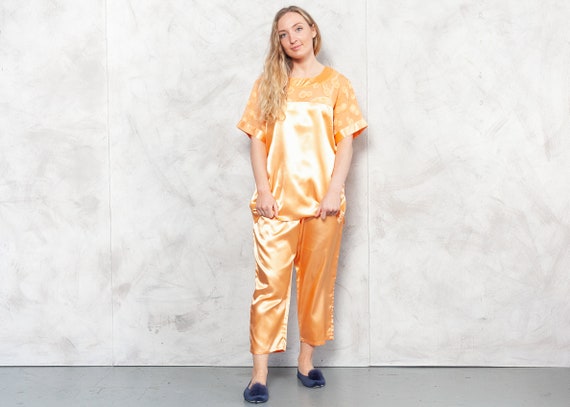 Vintage 90s Orange Silky Pajama Set . Vintage Paja