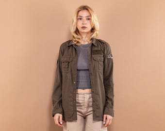 90s Vintage Khaki Green Military Shirt, Cotton Long Sleeve, Size M