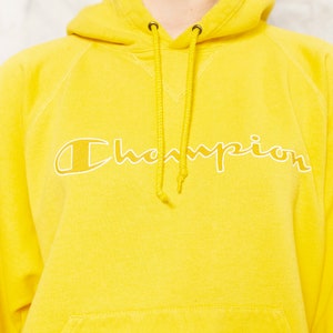 Yellow CHAMPION Sweatshirt Vintage 90s Hooded Women Pullover Cotton Blend Hoodie Cozy Home Sweatshirt Women Clothing size Extra Large XL image 8