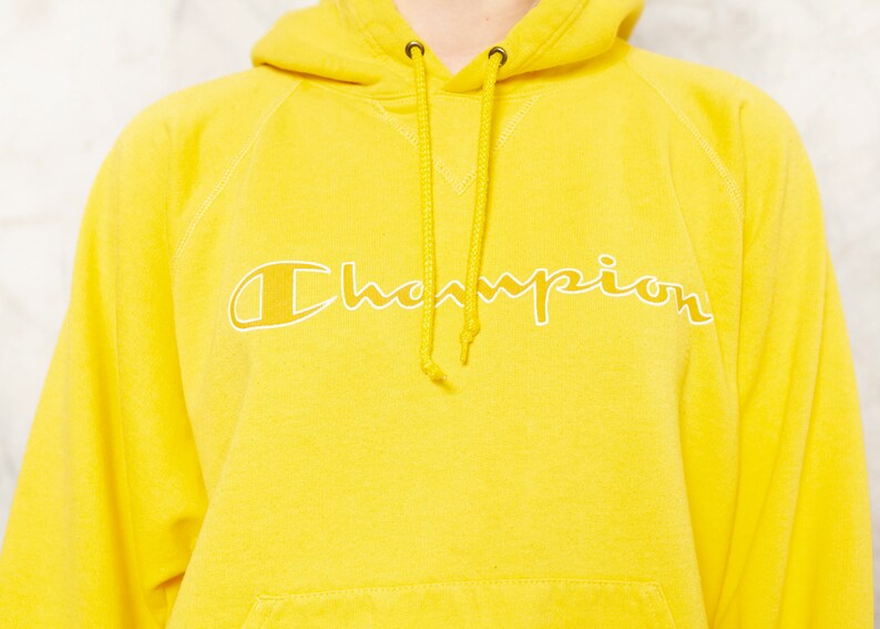 Yellow CHAMPION Sweatshirt Vintage 90s Hooded Women Pullover Cotton Blend Hoodie Cozy Home Sweatshirt Women Clothing size Extra Large XL image 8