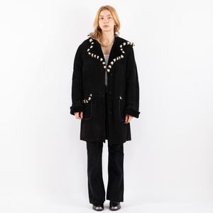 90s Hooded Black Sheepskin Coat, Size L Vintage Sheepskin Coat, Black Sheepskin Overcoat, Mod Style Fur Coat, NorthernGirlStore