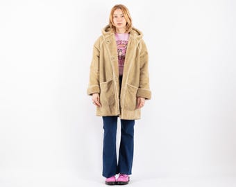90s Vintage Beige Suede Sherpa Coat, Faux Shearling, Size XL