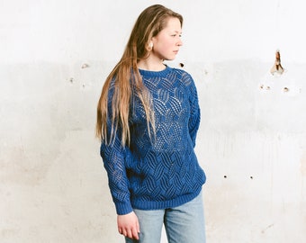 Vintage Open Knit Sweater . Vintage Open Weave Loose Knit Sweater Bohemian Cut Out Top Blue Sweater 90s Retro Clothing . size Medium