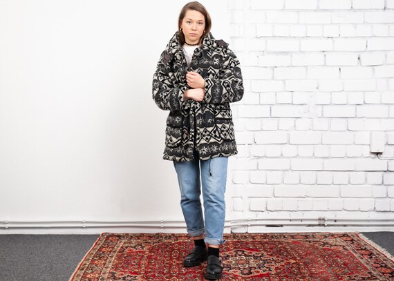 80s Patterned Fleece Coat . Vintage Cozy Winter Ja