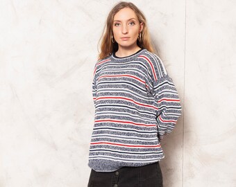 Cotton Knitted Sweater Vintage 90's Boho Sweater Blue Abstract Jumper Preppy Sweater Striped Pullover Women Vintage Clothing size Large