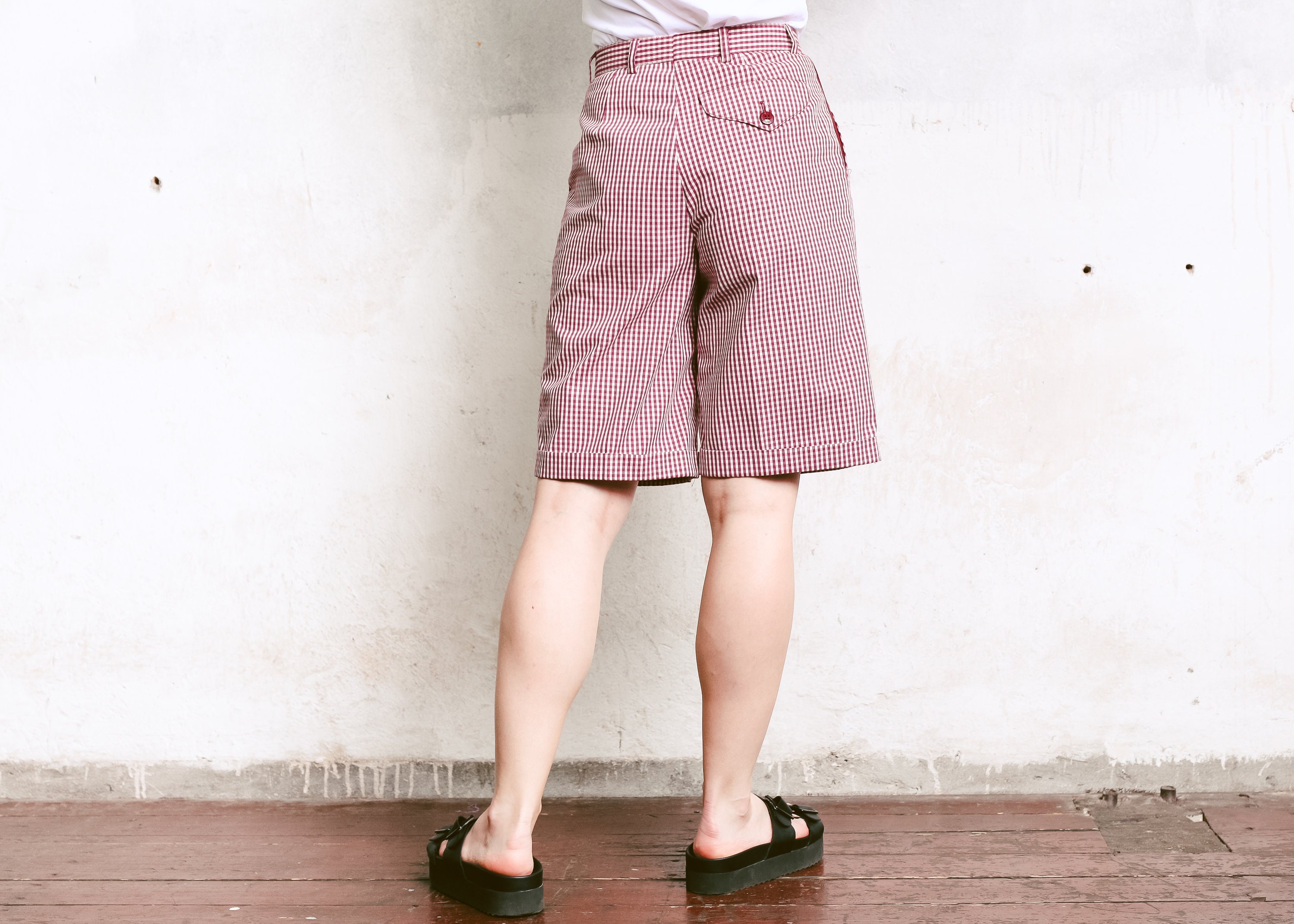 80s Gingham Bermuda Shorts . Vintage Burgundy Red Womens Etsy