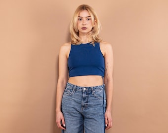 Vintage Y2K Blaues Crop Top, Baumwollmix, Grösse S