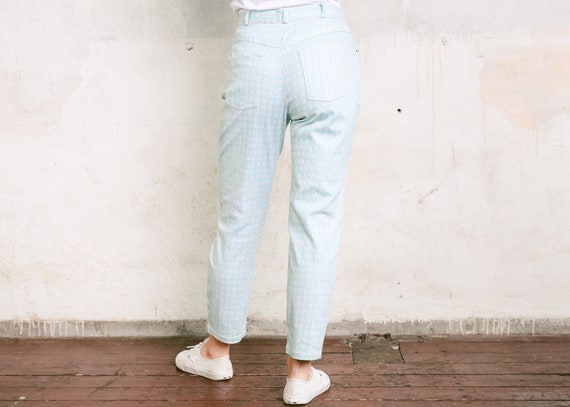 90s Pastel Blue Cotton Pants . Check Print Plaid … - image 5