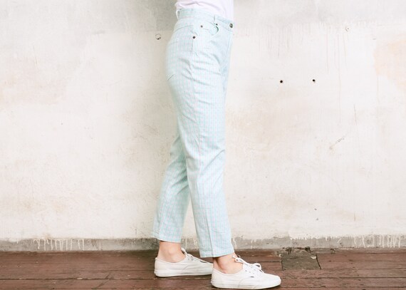 90s Pastel Blue Cotton Pants . Check Print Plaid … - image 6