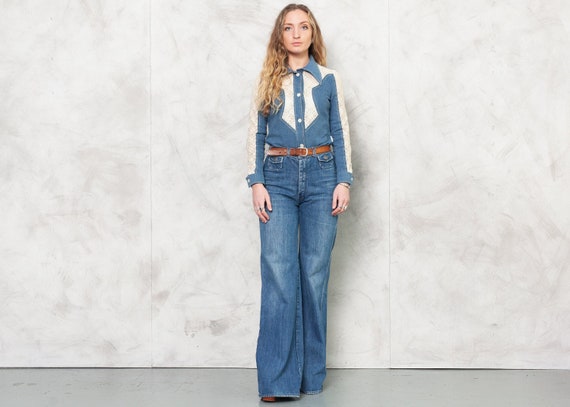 Vintage 70s Western Shirt . Women Lace Detail Jean