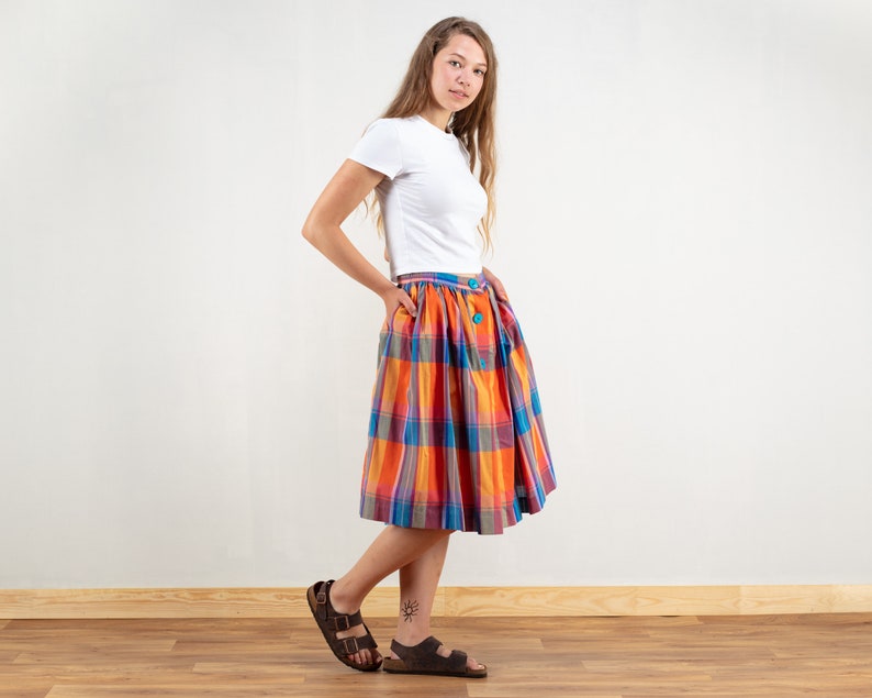 Plaid Summer Skirt vintage midi skirt high waist button front skirt retro multicolor checkered summer skirt 90s vintage clothing size small image 2