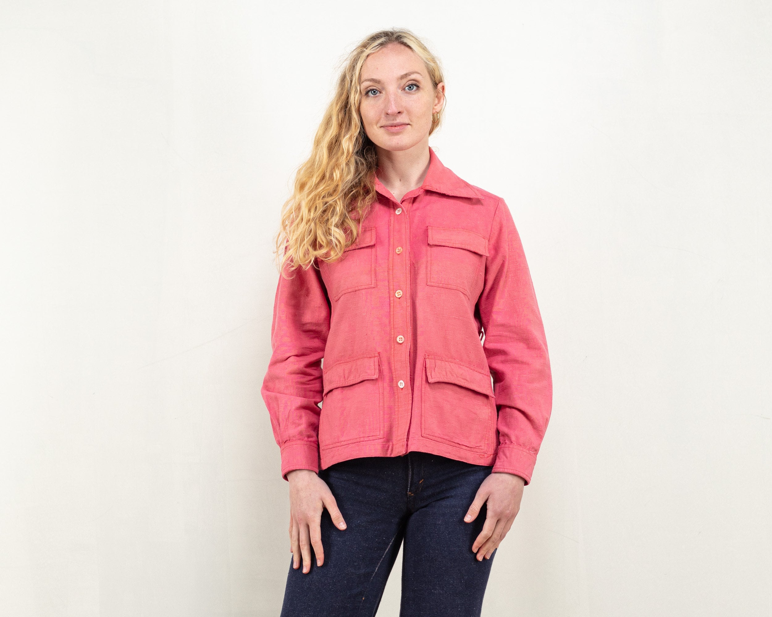 Pink Light Jacket Vintage 70s Women Cotton Summer Jacket Sharp