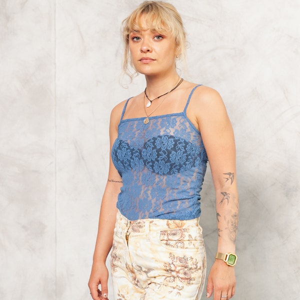 Vintage Y2K Blue Lace Cami Top . Vintage Spaghetti Strap Top Blue Lace All Over Camisole Women Summer Sleeveless Slim Fit Top . size Small