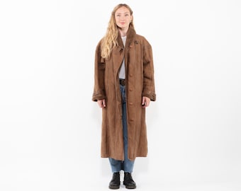 90s Vintage Distressed Brown Sheepskin Long Coat - Size L