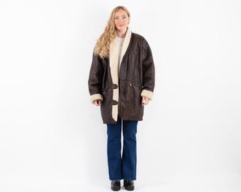 80s Brown Shearling Coat, Vintage Sheepskin Overcoat, Oversized XXL