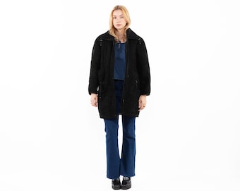 Vintage Sixline Black Sheepskin Coat Women’s L Genuine Shearling Leather Winter Jacket