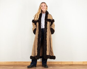 Penny Lane Coat vintage 80's sheepskin coat beige brown maxi winter shearling longline coat gimp braid trim oversized size L