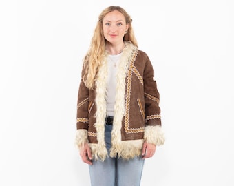 Vintage 1970s Penny Lane Sheepskin Coat – Brown Suede Embroidered Afghan Jacket – Real Shearling Hippie Boho Coat – Women’s XS/S