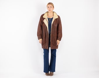 Abrigo de piel de oveja marrón estilo western de los años 90, talla XL