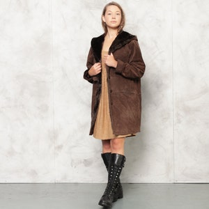 Vintage 90s Suede Coat, Size Large L, Brown Faux Fur Coat, Hooded Leather Coat, Winter Outwear, Penny Lane Coat, Afghan Coat, Women Clothing image 3