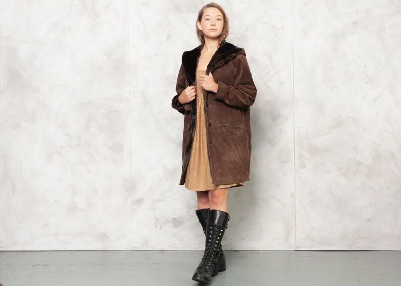 Vintage 90s Suede Coat, Size Large L, Brown Faux Fur Coat, Hooded Leather Coat, Winter Outwear, Penny Lane Coat, Afghan Coat, Women Clothing image 3