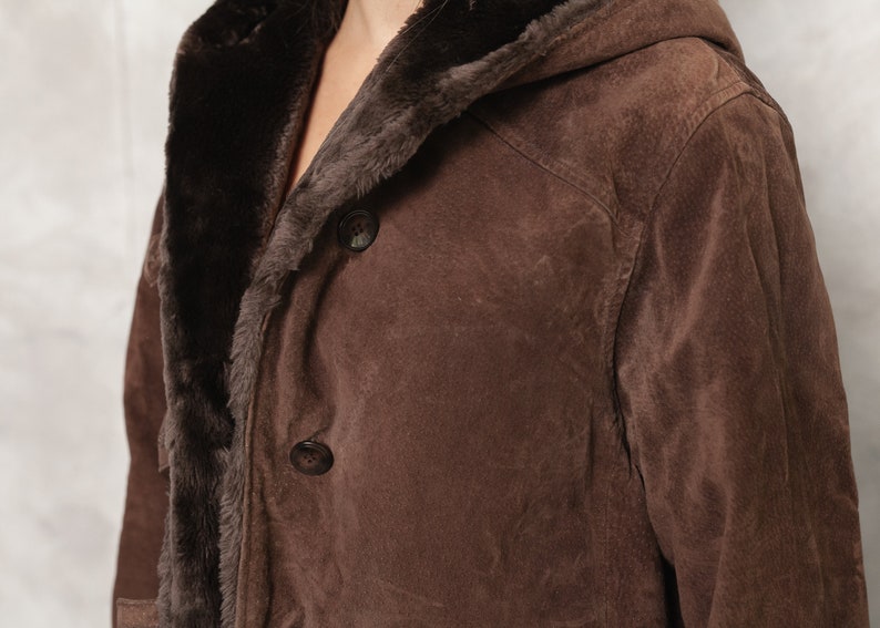 Vintage 90s Suede Coat, Size Large L, Brown Faux Fur Coat, Hooded Leather Coat, Winter Outwear, Penny Lane Coat, Afghan Coat, Women Clothing image 6