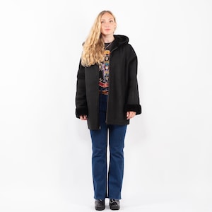 90s Hooded Black Sheepskin Coat, Size L Vintage Sheepskin Coat, Black Sheepskin Overcoat, Black Leather Fur Coat, NorthernGirlStore