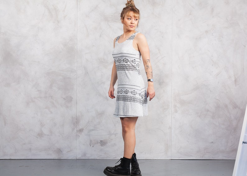 Vintage 90s Stretchy Mini Dress 90s Patterned Grunge Dress Stretch Tricot Acanthus Style Print Mini Dress Bohemian Boho Dress size Small