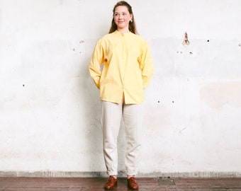 Women's Band Collar Shirt . 90s Light Yellow Shirt Long Sleeved Cotton Shirt Made in India Collarless Shirt Casual Shirt . size Medium