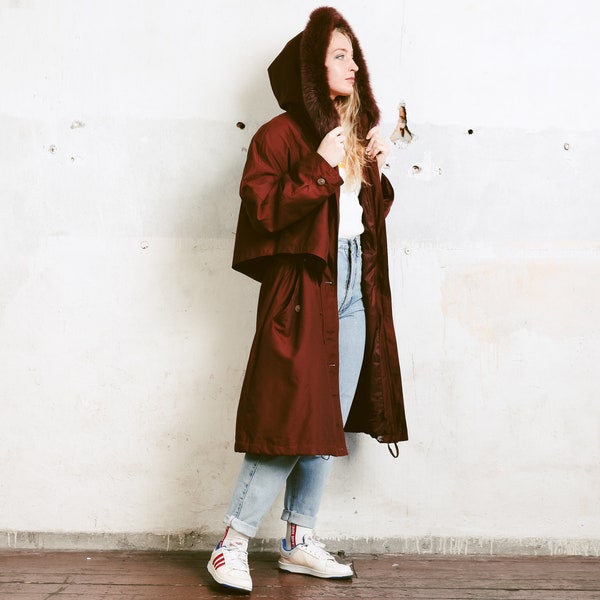 90s Hooded Winter Coat . Long Puffer Parka Coat Outerwear Padded Winter Jacket Vintage Fur Trim Hooded Coat Brown Coat  . size Medium