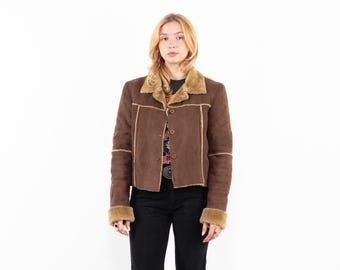 Brown Faux Shearling Jacket, Y2K Style, Size S/M