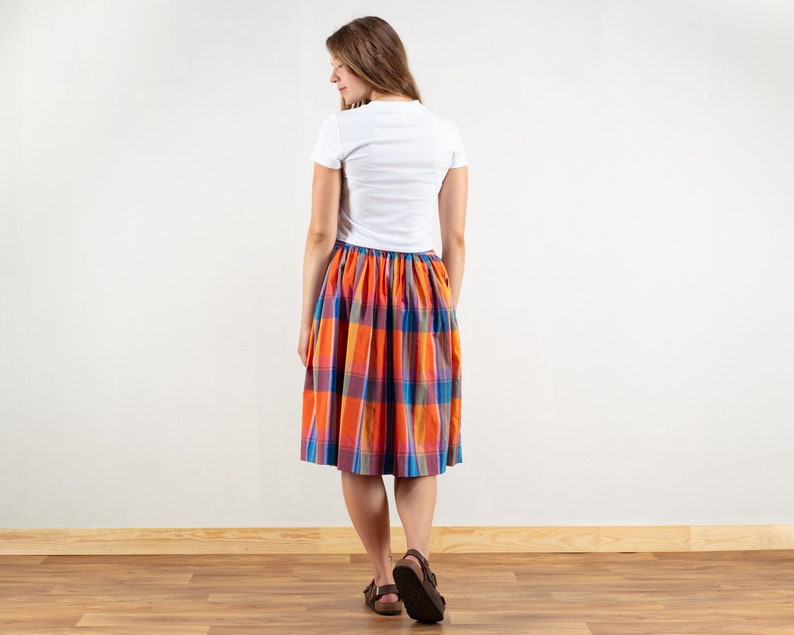 Plaid Summer Skirt vintage midi skirt high waist button front skirt retro multicolor checkered summer skirt 90s vintage clothing size small image 3