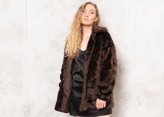 Faux Fur Jacket 70s Brown Fake Fur Jacket Vegan E… - image 1