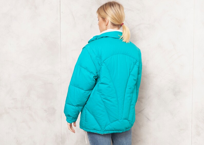 Reversible Down Jacket DOLOMITE Ski Jacket 80s Warm Teal Coat Winter Oversized Puffy Jacket Women White Jacket Vintage Clothing size Medium