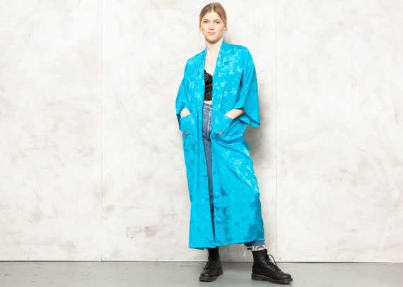 Floral House Robe Vintage 90s Blue Kimono Robe Asi