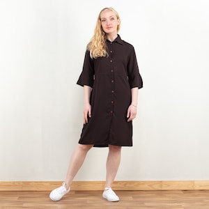 Brown Summer Dress women vintage brown shirtdress spring picnic dress sustainable fashion button front shift light dress size small image 1