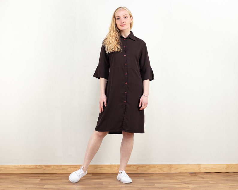 Brown Summer Dress women vintage brown shirtdress spring picnic dress sustainable fashion button front shift light dress size small image 1