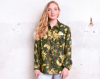 80s Floral Silk Blazer Jacket . Women's Vintage Blazer Moss Green and Gold Patterned Jacket Botanical Print Silk Jacket . size Large