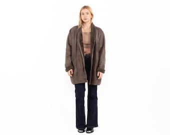 90s Gray Brown Sheepskin Coat, Vintage Shearling Overcoat Size L