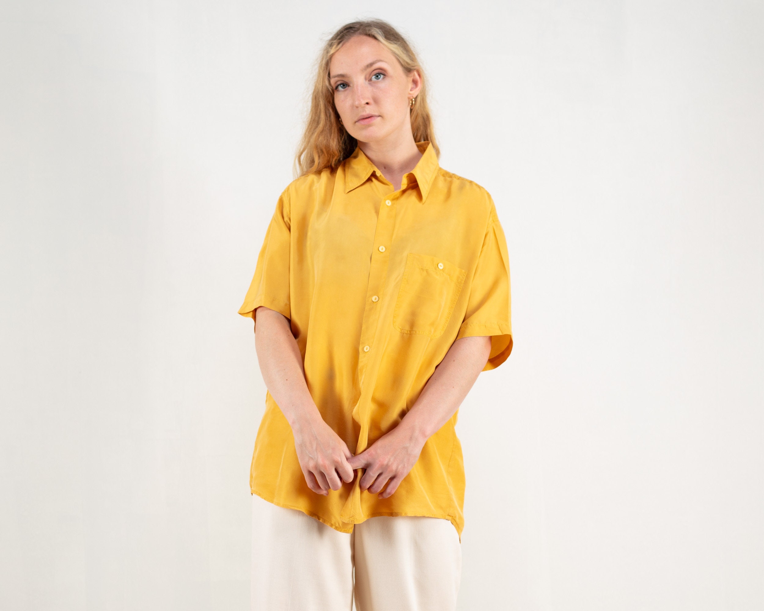 Yellow Silk Shirt Blouse Women Vintage 
