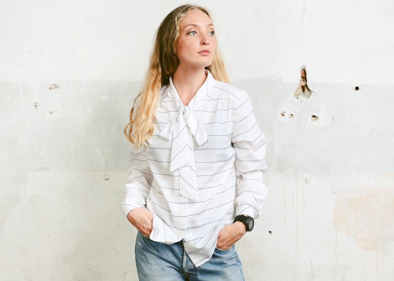 size Medium Vintage White Pussybow Blouse 90s Bow Tie Blouse Button Down Striped White Shirt Tie Neck Blouse