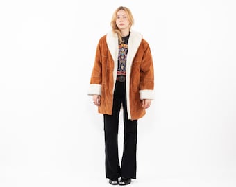 90s Vintage Brown Suede Sherpa Coat, Retro Overcoat, Size XL