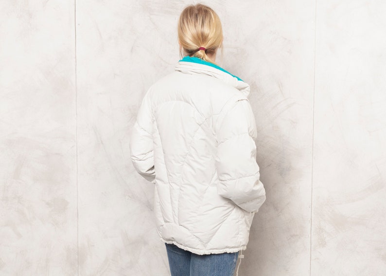 Reversible Down Jacket DOLOMITE Ski Jacket 80s Warm Teal Coat Winter Oversized Puffy Jacket Women White Jacket Vintage Clothing size Medium