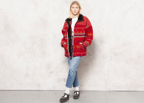 80s Blanket Coat Vintage Red Patterned Wool Blend