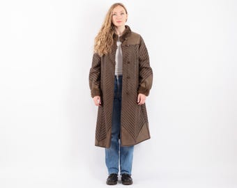 80s Vintage Brown Shearling Sheepskin Long Coat, Size M