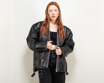 Vintage 90s Black Leather Jacket Mens XLOversized Genuine Leather Jacket Tartan Lined Biker Jacket 1990s Grunge Coat