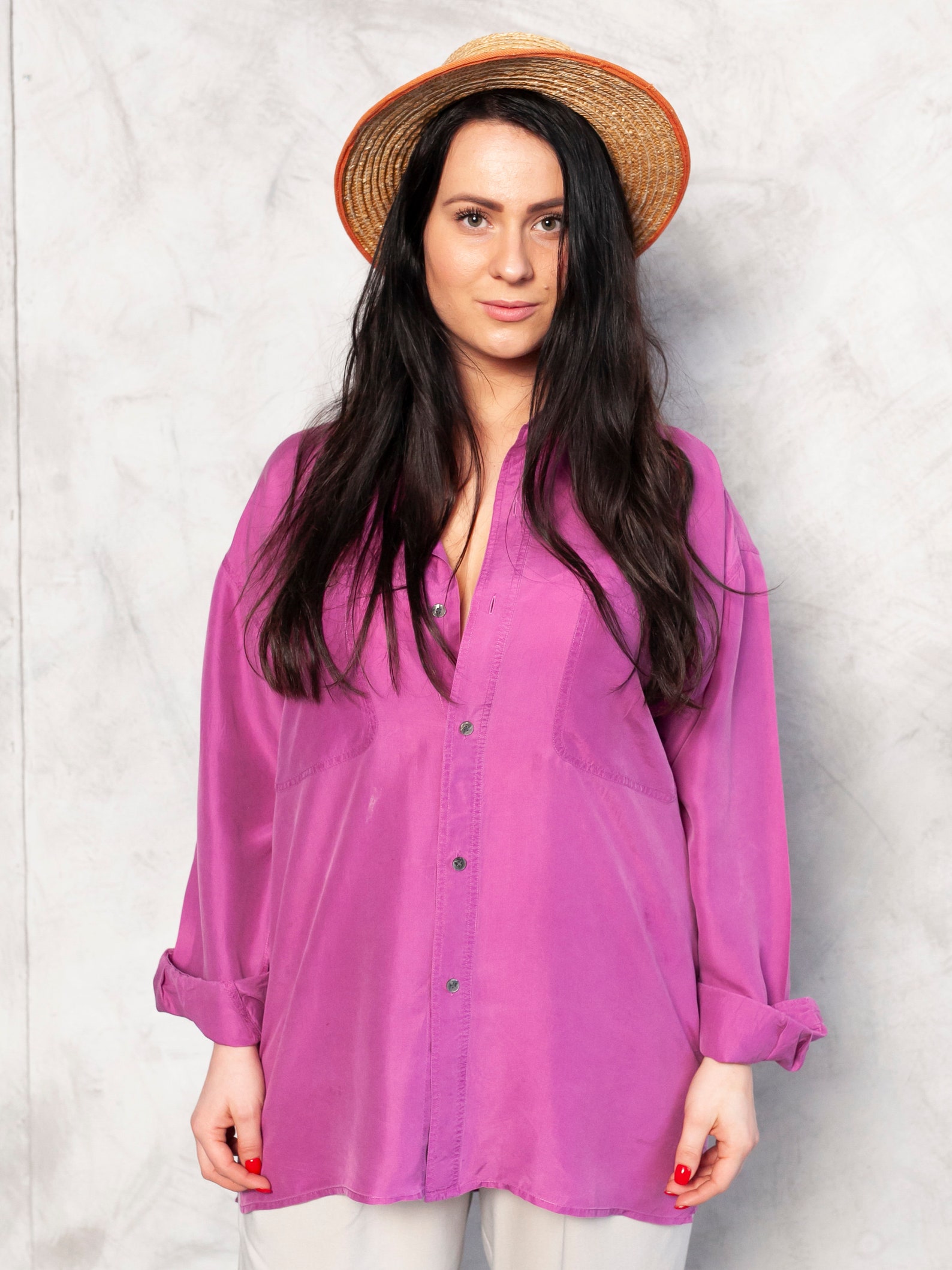 Vintage 90's Purple Silk Blouse with centre button fastening with grey pearly buttons and double chest pockets.