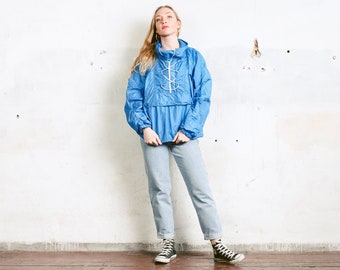 80s Blue Anorak Jacket . Vintage Windbreaker Smock Jacket Activewear Baggy Pullover Jacket Sports Jacket Spring Outerwear . size Medium